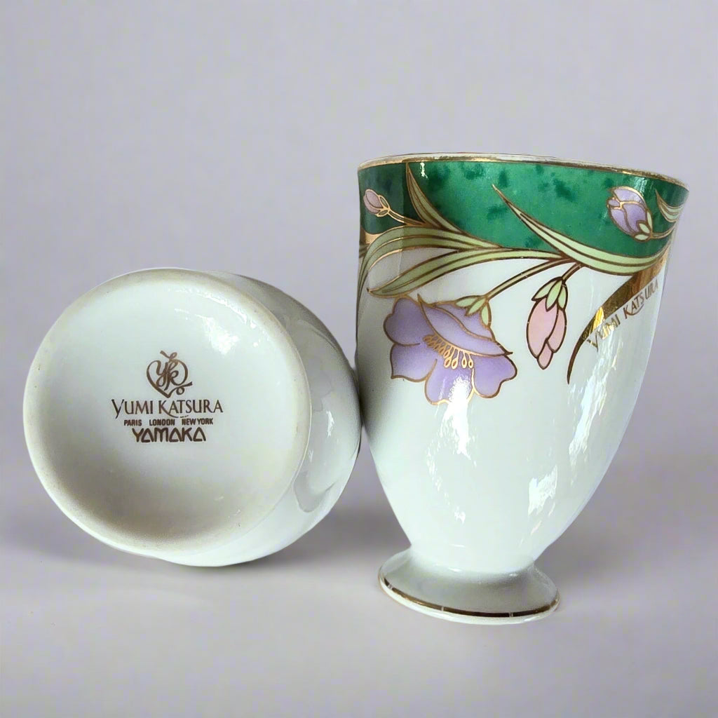 Yumi Katsura Paris London New York by Yamaka Porcelain Footed Tea Cup and Saucer Set of 2 Blue and Purple