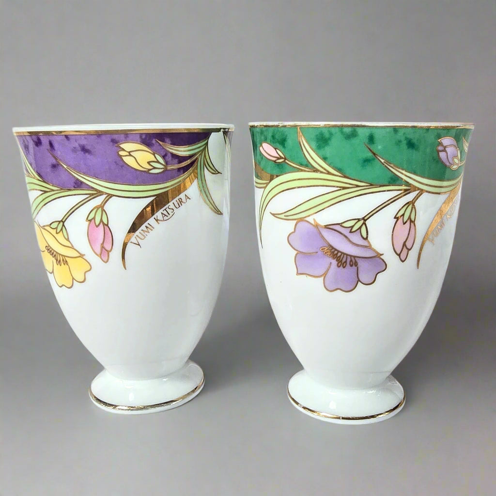 Yumi Katsura Paris London New York by Yamaka Porcelain Footed Tea Cup and Saucer Set of 2 Blue and Purple