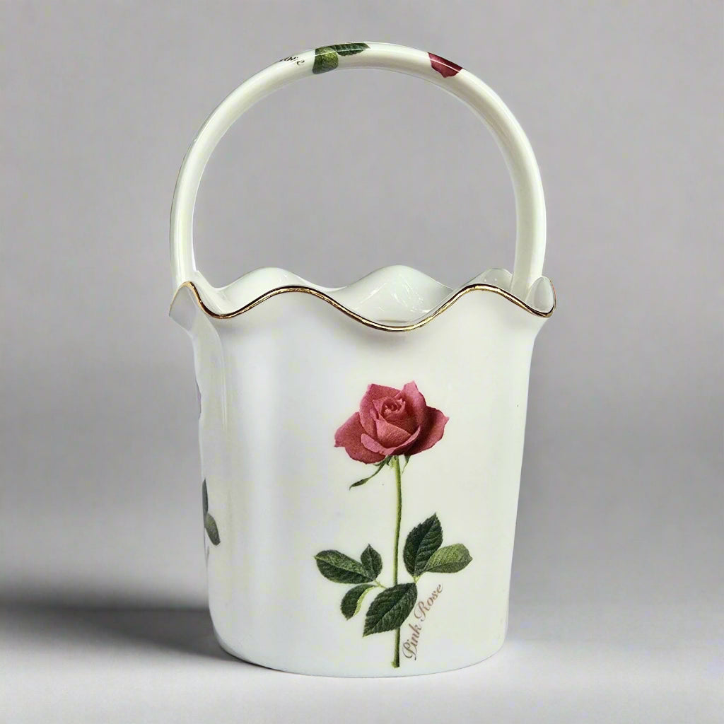 Korean Vintage Red Rose Ceramic Basket Vase with Handle t