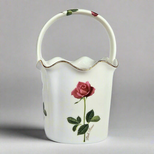 Korean Vintage Red Rose Ceramic Basket Vase with Handle t