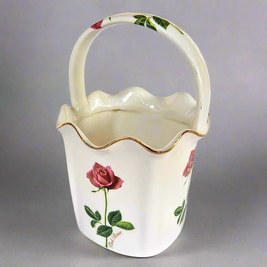 Korean Vintage Red Rose Ceramic Basket Vase with Handle t