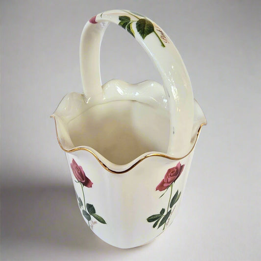 Korean Vintage Red Rose Ceramic Basket Vase with Handle t