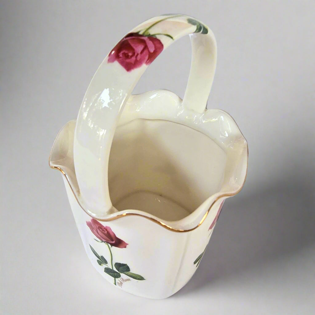 Korean Vintage Red Rose Ceramic Basket Vase with Handle t