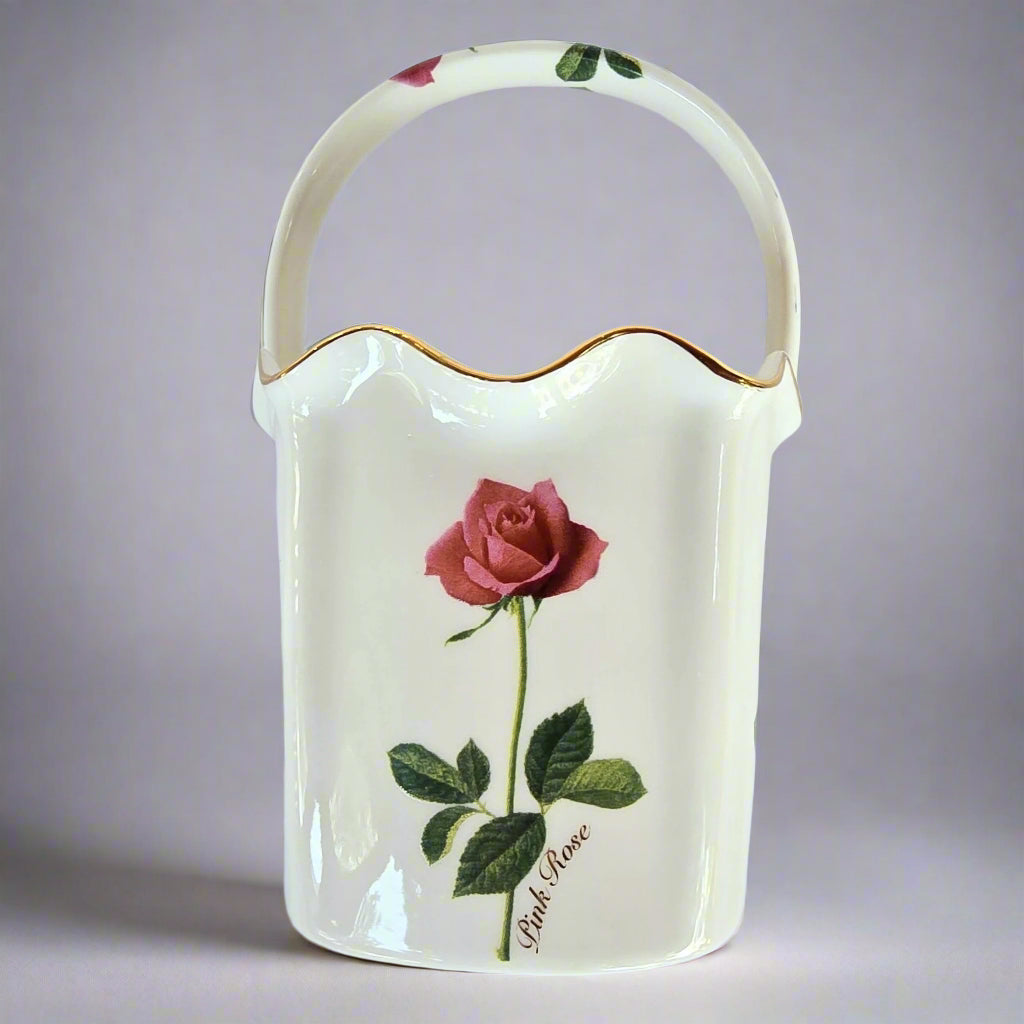 Korean Vintage Red Rose Ceramic Basket Vase with Handle t