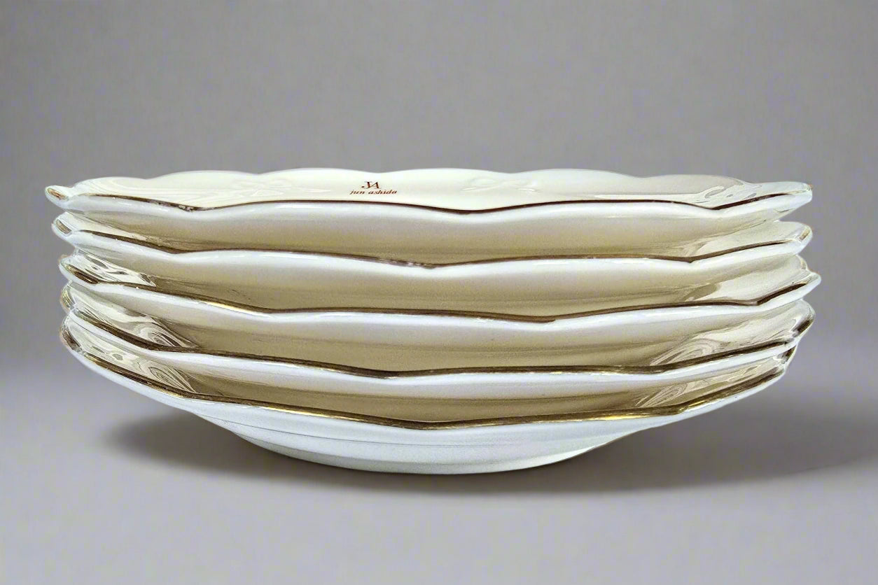 RARE Jun Ashida "MAEBATA" Porcelain Bread Plates: Gold Accent (Set of 5)