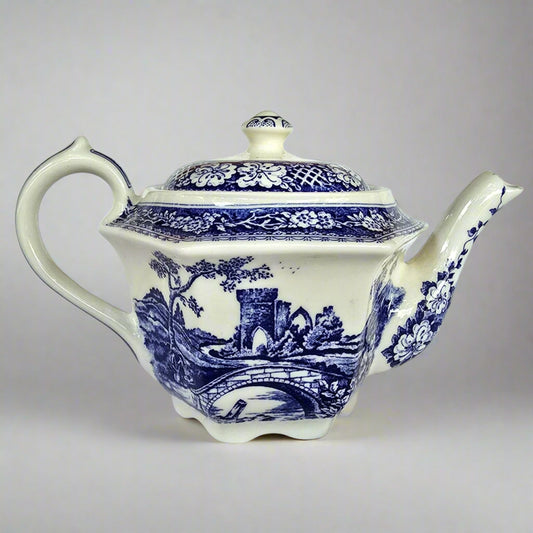Qinghua blue and white hexagonal teapot feature painting of landscape and brige