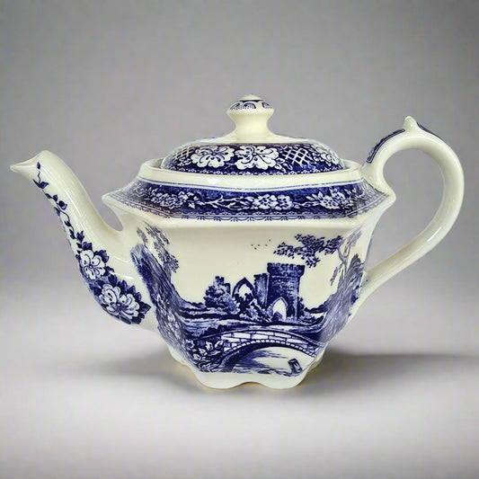 Qinghua blue and white hexagonal teapot feature painting of landscape and brige