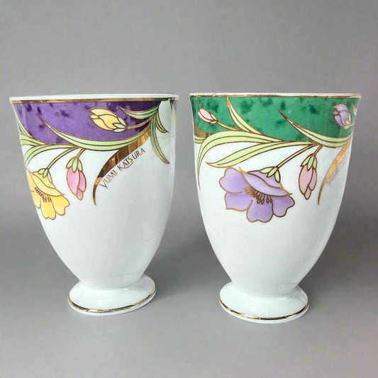 Yumi Katsura Paris London New York by Yamaka Porcelain Footed Tea Cup and Saucer Set of 2 Blue and Purple